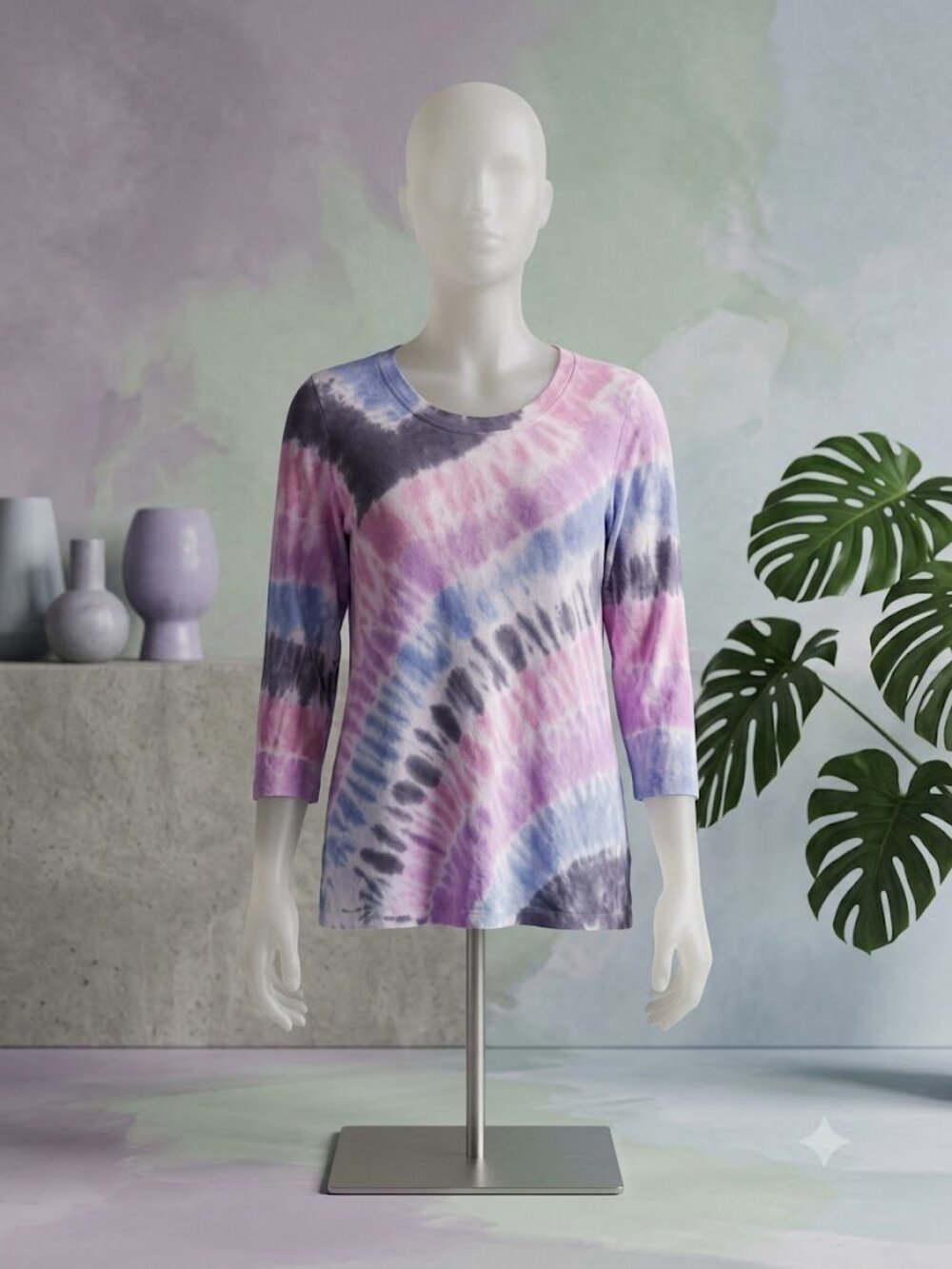 LOGO by Lori Goldstein Tie Dye Cotton Tunic Top Purple Pink Size S 3/4 Sleeve